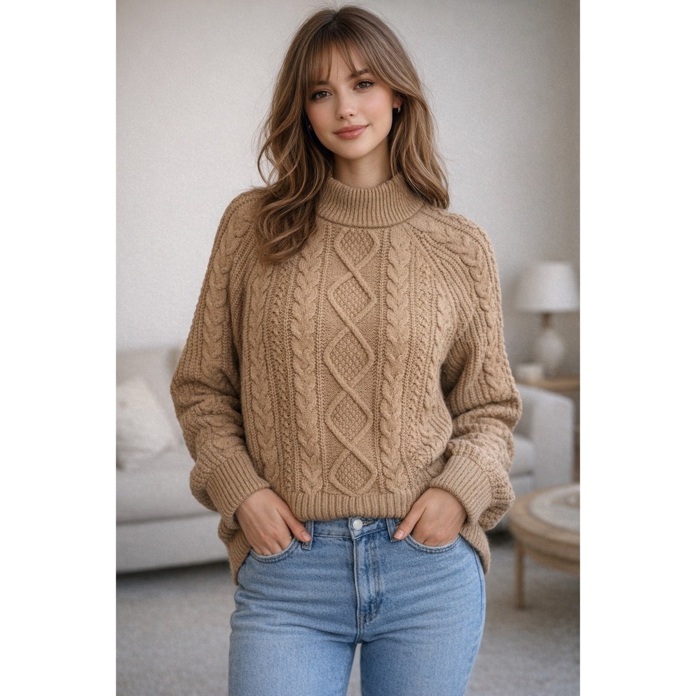 J.Crew Cable Knit Sweater Womens M Chunky Fisherman Lambswool Blend Tan
